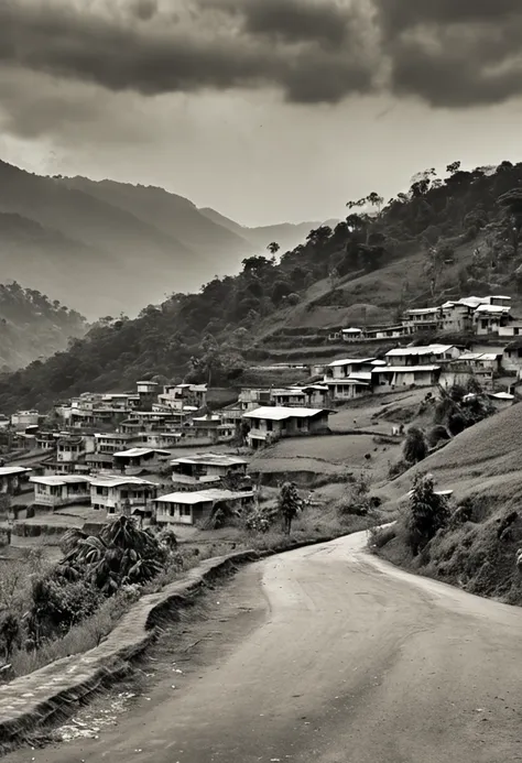 arafed view of a road in a village with a mountain in the background, hideen village in the forest, uttarakhand, view of villages, above view, surrounding the city, guwahati, far view, assam tea village background, assamese, assamese aesthetic, panorama vi...