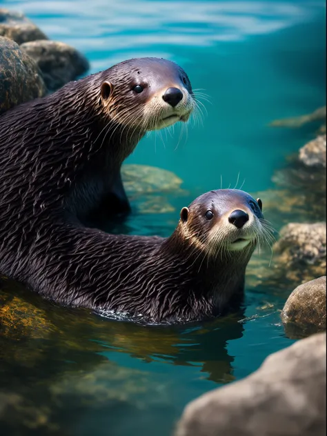 There is a sea otter in the water, The sea otter raised its hands，he is very relaxed, Furry otters, unwind, Sleepy,relaxing, peaceful looking animals, The water is clear and clean，Super realistic， RAW photo, (8K、top-quality、tmasterpiece:1.2)、(intricately d...