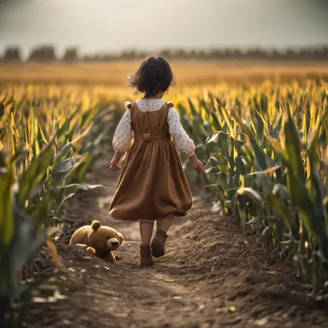 A young Chinese daughter, Wearing a quaint brown dress, Walk in the middle of a cornfield, Full body like, Holding a yellow bear toy in his hand, cinematic lighting, depth of field, ray tracing, cowboy shot, 135mm, Canon, UHD, masterpiece, award winning, b...