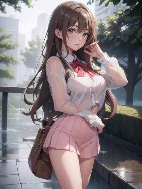 Wearing a uniform miniskirt、A light pink bra is transparent on the chest.