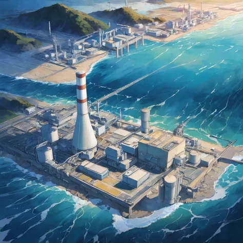 Depicting the appearance of the Fukushima nuclear power plant, Show the drain，Dumping contaminated water into the ocean. Emphasize the contrast between nuclear power plants and the vast sea