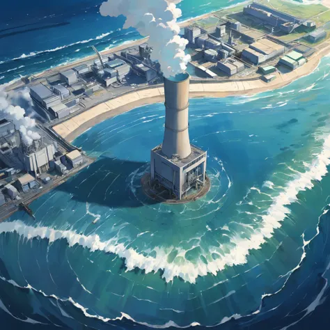 Depicting the appearance of the Fukushima nuclear power plant, Show the drain，Dumping contaminated water into the ocean. Emphasize the contrast between nuclear power plants and the vast sea