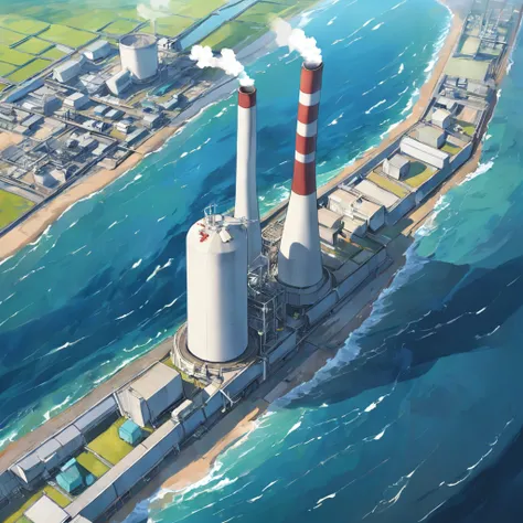 Depicting the appearance of the Fukushima nuclear power plant, Show the drain，Dumping contaminated water into the ocean. Emphasize the contrast between nuclear power plants and the vast sea