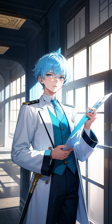 18 year old boy with light blue hair，Ruler in hand