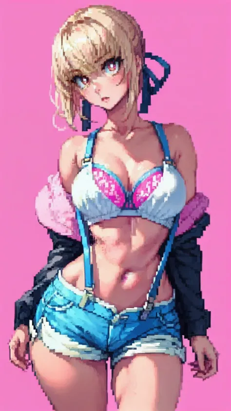 saber,(White border around pink rectangular background：2.5)​，cropped shoulders，White suspenders，Ultra shorts，C cup，stocklings，High detail,Moles under eyes, Heart-shaped pupils，Love pupils，Fleshy thighs,highly rendered，detailed face with