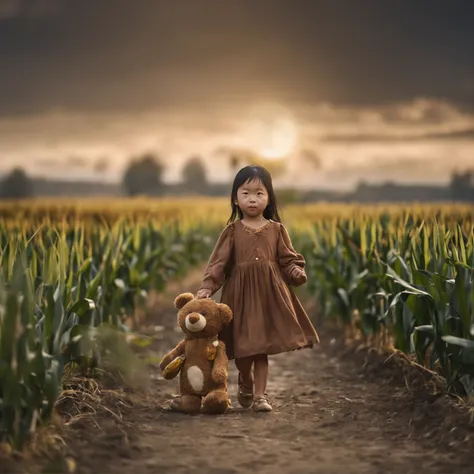 A young Chinese daughter, Wearing a quaint brown dress, Walk in the middle of a cornfield, Full body like, Holding a yellow bear toy in his hand, cinematic lighting, depth of field, ray tracing, cowboy shot, 135mm, Canon, UHD, masterpiece, award winning, b...