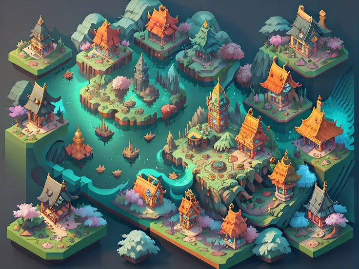 "Top-down plan view，3D map of the fantasy world rendered by Cinema4D，Isolated on a gradient background，Game architecture design，cartoony，Some small houses，farms，barrack，warehouses，Flower shop，3d，tmasterpiece，super detailing，best qualtiy，" --v6