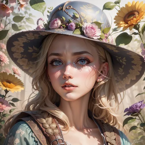 Old-fashioned cap worn by an extraordinarily beautiful girl, colorful pattern, Oil paintings by Flemish masters, surrealism, beau, airy, Light in contrast, highly detailed, Hyperrealistic, ultra HD, Couleurs vives, highly detailed, Dessin UHD, stylo et enc...