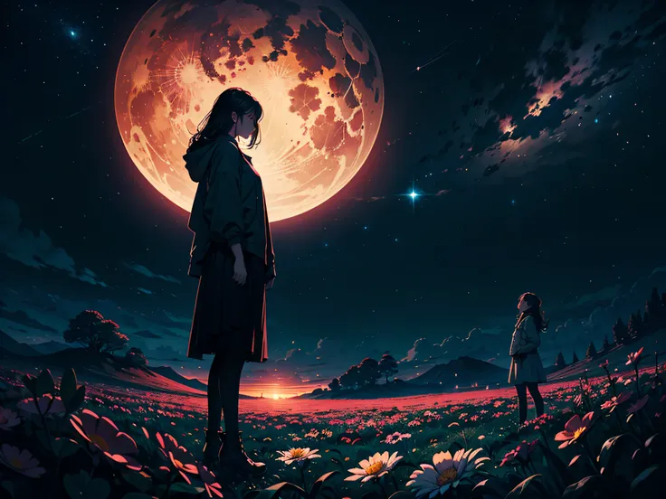 4k Landscape, beautiful stars at background, looks like a dream, sky looking extremely beautiful, ultra resolution, perfect lighting, Dark space, space photo, extremely beautiful, fantasy world, girl standing on flowers, looking at the sky, dark vibes, per...