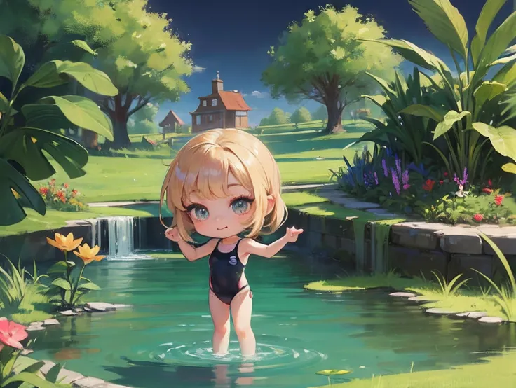 girl ,Standing in a pond in a city, Chibi, swimsuit, close up ,Disney, Pixar and DreamWorks style --auto --s2