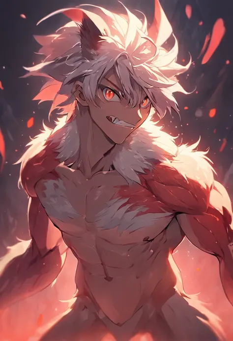 4K, high resolution, Best quality, Masterpiece, perfect colors, perfectly shaded, Perfect lighting, posted on e621, (by Chunie), Furry, anthro, Furry art,  Male snakes, scutes，Bicolor scales，Silvery hair，smooth body, red color eyes, Perfect male bodyPerfec...