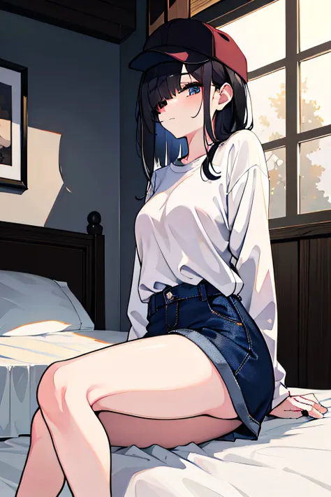 rainy evening，On a dim and soft light bedroom bed，white  shirt，dark blue denim jeans，Step on a pair of sneakers that are slightly too big，Wear a cap，The short black hair is also neatly trimmed，Just rained and got wet。 Its just that the bangs on the forehea...