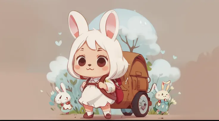 A white rabbit doll with a backpack, Cute flat illustration， highly detailed character, Cute detailed digital art, cute character,  Risker Mini Cute Original Chibi Bunny Girl，ps, Stylized anime, solid color backdrop