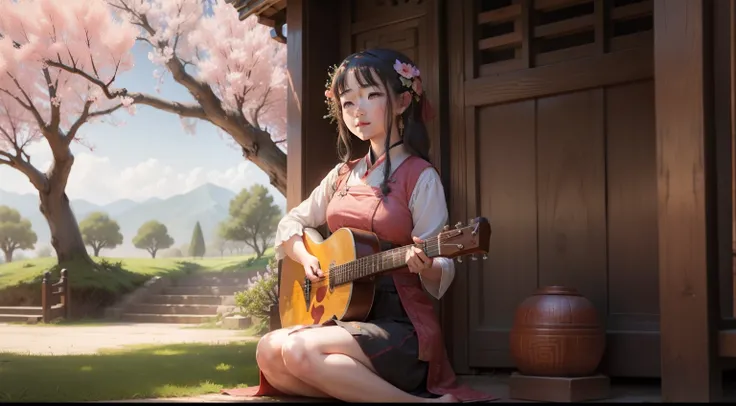 An antique girl under a huge peach tree，Stroking the guqin