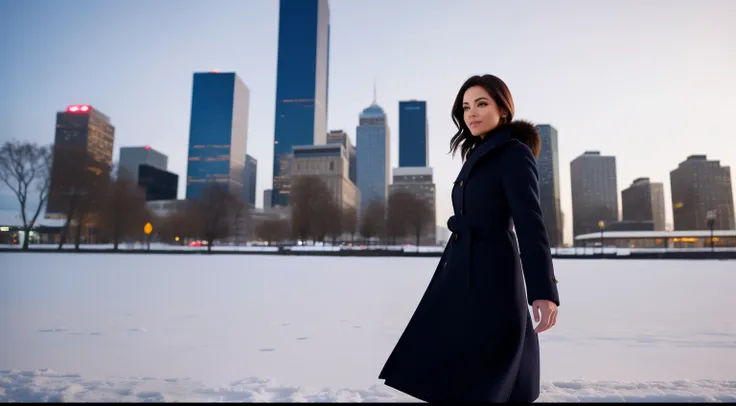 Woman in elegant coat against the backdrop of a winter city