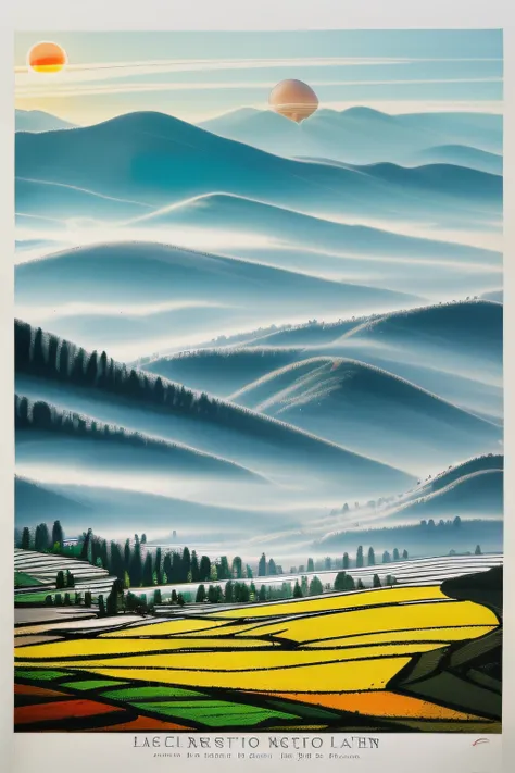 /testp poster, Countryside morning view, ((A giant egg in the center of the picture)), Hazy morning fog, and elegance, Red brick and blue tile houses, Green farmland, Golden ears of wheat, Clear streams, and light blue mountains,