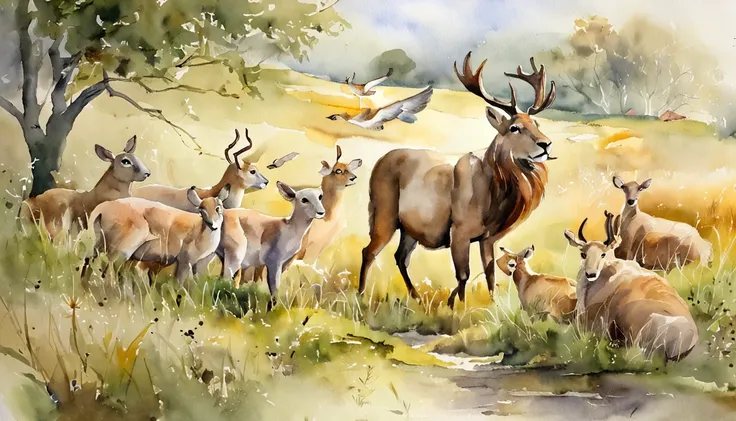 NATURE, sheep, dove, lion, deer, landscape