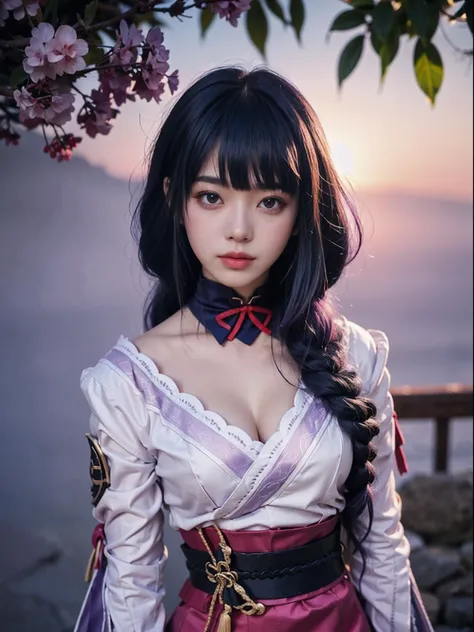 Raiden General Fine clothes White clothes Blunt bangs Braided (mid-chest: 1.4) cleavage Wide sleeve kimono Hair accessories Day clothes (red belt: 1.4) (light purple hair: 1.4) Very long hair, straight hair, delicate face, cold face, (smooth chin: 0.85), l...