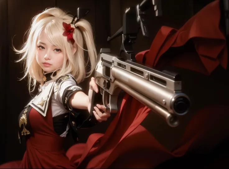 realphoto、Ultra Real Photos、White blouses、Purple hair color、poneyTail、pistols((Desert Eagle))Hold it in your hand((shooting pose))facing the front there、winking、big breast beauty