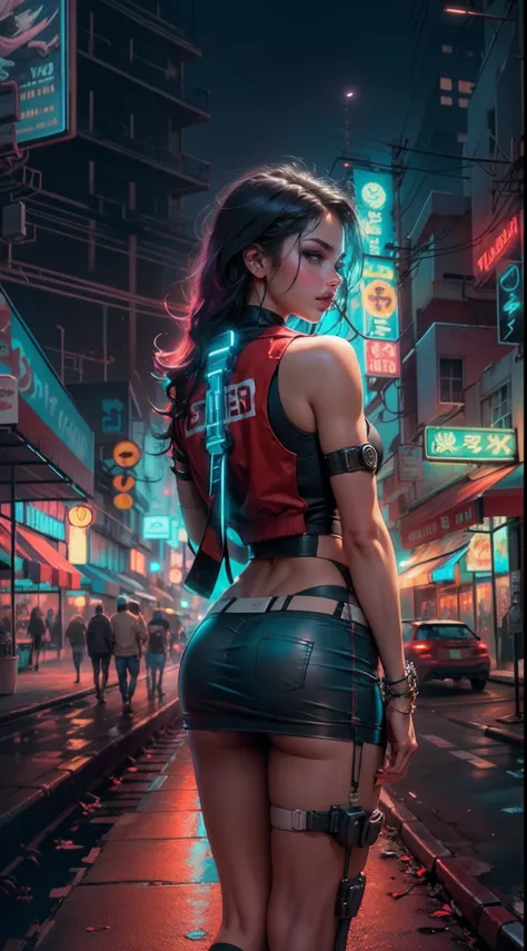 Retrato Motor irreal:1.4,CG ultra realista 64K, fotorrealista:1.4, textura da pele:1.4, obra prima:1.4,Linda selena gomez com lingeries babydoll、Roupas curtas amarelas estilo cyberpunk, Red pantyhose , Mini saia azul, city background at night neon,((Fotogr...