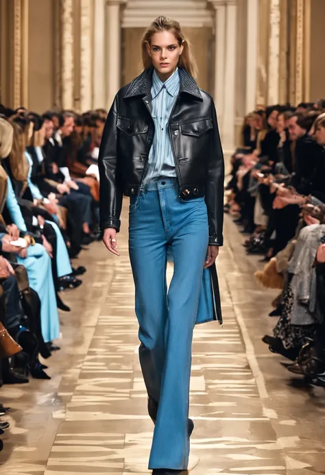 Autumn and winter catwalks，Subtle beige tones，European and American women，Wear a classic modern leather jacket with lapels，Blue loose wide-leg long jeans，With an aquamarine striped shirt，Wear black leather boots，Inspired by Ralph Lauren，official valentino ...