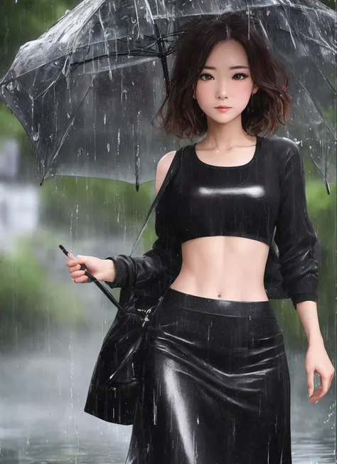 40 years old，The body is slender，cabelos preto e longos，Full body skirt， Pretty Women，1girl，（nedium breasts，Bewitching body：1.3），Abs：1.1，dark brown  hair：1.1，（rainy wet，Wet with rain，Get wet：1.2），Ultra- Detail face，Detail lips，detailedeyes，二重まぶた