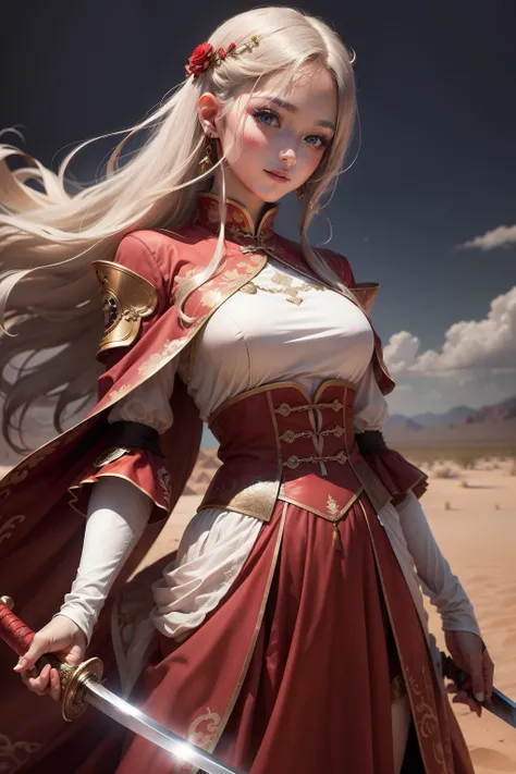 Best quality at best，tmasterpiece，A high resolution，high light, swordsmen, A desert,  Light red gauze Chinese dress，Super pretty face，Super beautiful eyes，Super beautiful hair, Noble princess, ssmile