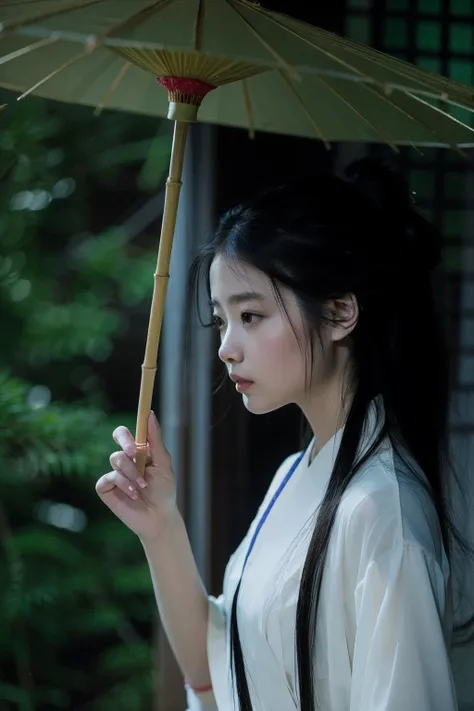 asian woman in white holding bamboo umbrella, palace ， a girl in hanfu, white hanfu, hanfu, chinese girl, chinese woman, a young...