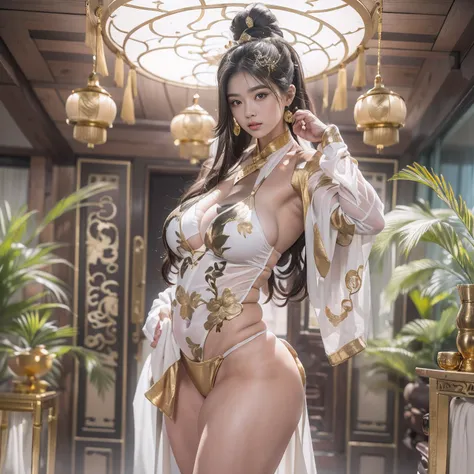 In the room is an ancient Chinese woman wearing a white bikini and a delicate Hanfu embroidered with gold decorations，poses in the room, Very beautiful. Big muscles, exaggeratedly large physique, huge muscle, Thick body, absurdly massive physique, powerful...