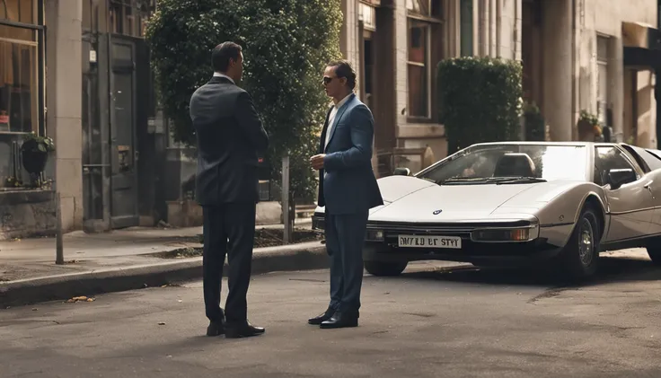 Supercar next to a man wearing a suit, holding a cigarette, HDR, 8k resolution, highres, high detail, sharp focus, dynamic angle, smooth, roughness, real life, photorealism, photography, 8k uhd, cinematic film still from the end of days|wolf of wall street...