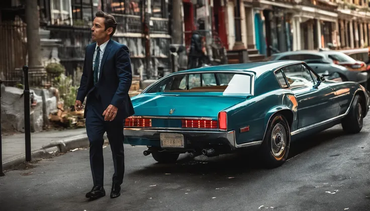 Supercar next to a man wearing a suit, holding a cigarette, HDR, 8k resolution, highres, high detail, sharp focus, dynamic angle, smooth, roughness, real life, photorealism, photography, 8k uhd, cinematic film still from the end of days|wolf of wall street...