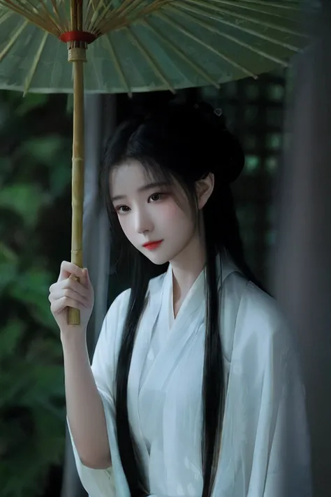 Alafeld Asian woman in white dress holding a bamboo umbrella, Palace ， A girl in Hanfu, White Hanfu, Hanfu, inspired by Gu An, white hime cut hairstyle, Wearing ancient Chinese clothes, flowing hair and long robes, flowing white robe, Inspired by Tang Yife...