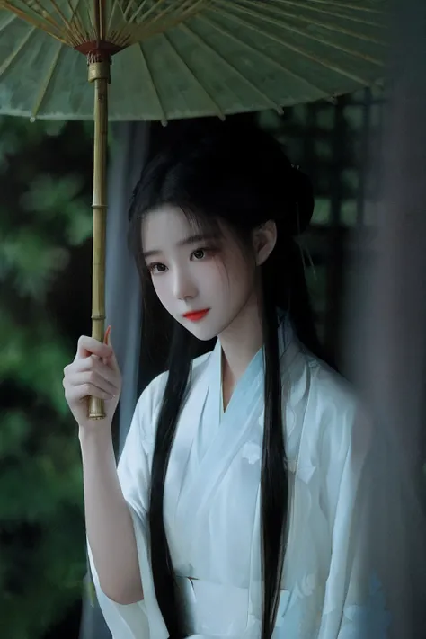 Alafeld Asian woman in white dress holding a bamboo umbrella, Palace ， A girl in Hanfu, White Hanfu, Hanfu, inspired by Gu An, white hime cut hairstyle, Wearing ancient Chinese clothes, flowing hair and long robes, flowing white robe, Inspired by Tang Yife...