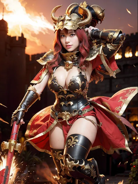 Professional , ​masterpiece、top-quality、photos realistic , depth of fields 、（Dragon Red Metal Body:1.９),(Matte Red、（cleavage of the breast）、Dragon Gold Weapon、（Red Micro Bikini Armor:1.４),Gorgeous gold weapons ,（（ Dragons dense and gorgeous sword）） , （demo...