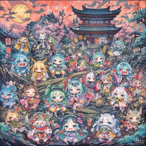 kawaii, chibi, Tiny, Do not go out at midnight. They march in the hazy moonlit night. Never meet them. Various Japanese monsters and sprits, Heian-kyo, Japanese folklore, processions, yokai(Japanese monsters and sprits), Unattended, no Human, Heian-emaki s...