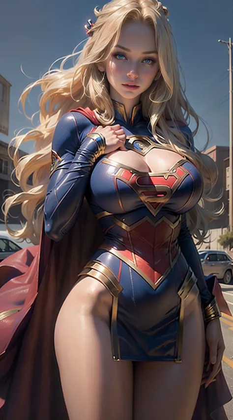 (Best quality)), ((Masterpiece)), ((Realistic)), (Detailed), Detailed face,supergirl Beautiful woman (20 years old, Long blonde hair, Blue eyes) Defined body, Detailed, using tube dress cosplay supergirl suite,(((Huge breasts))), One hand stretches out the...