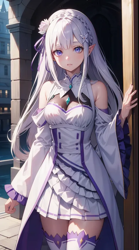 rezeroemilia, emilia, braid, crown braid, flower, hair flower, hair ornament, hair ribbon, long hair, pointy ears, (purple eyes:1.2), white hair, x hair ornament,
BREAK detached collar, detached sleeves, frilled sleeves, frills, long sleeves, miniskirt, pl...