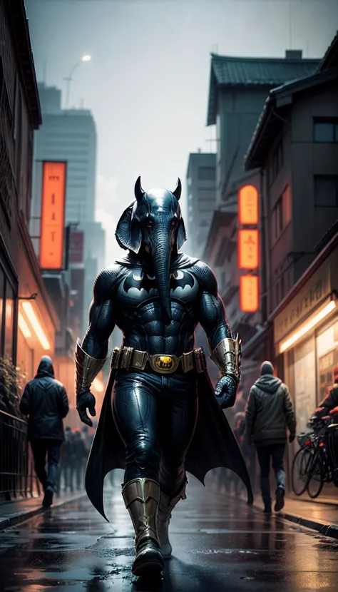 personage (elephant:1.1), In a Batman costume, in the city, Laurie Grizzly style, Studio Ghibli, Akira Toriyama, by james gilleard, Genshin Impact, Trending Pixiv Fanbox, acrylic palette knife, 4k, bright colours, devinart, Trending on ArtStation, low deta...