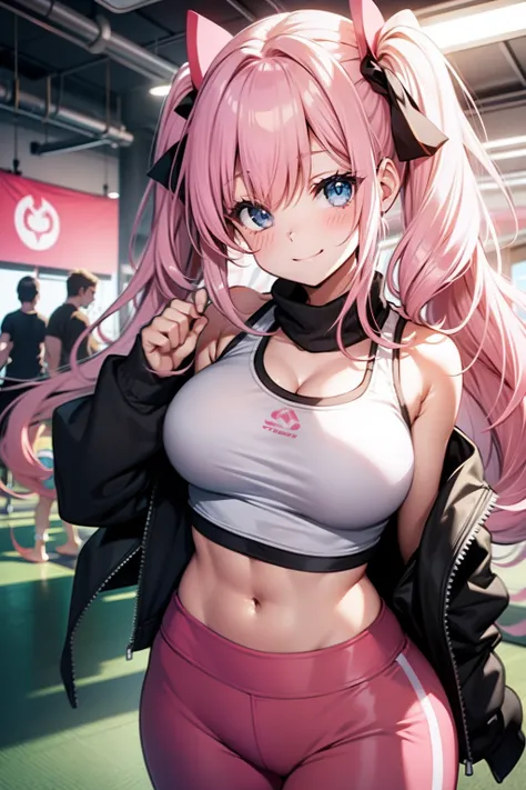 girl with, Pink Long Hair, Floating hair, Twin tail hair, kawaii, Smile, Sportsbra, yoga pant, gym, gals