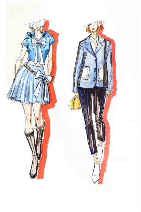 One in blue with butterfly sweatshirt and blue with bow pleated skirt boots, one in blue suit, black jeans, blue heels, carrying yellow bag two ladies catwalk fashion illustration