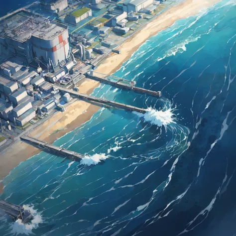 Depicting the appearance of the Fukushima nuclear power plant, Show the drain，Dumping contaminated water into the ocean. Emphasize the contrast between nuclear power plants and the vast sea