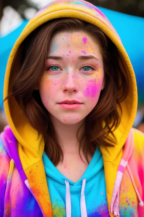 beautiful American college woman, wearing hoodie, looking at viewer, holi color festival, portrait, hyper detailed  POV, by lee jeffries, nikon d850, film stock photograph ,4 kodak portra 400 ,camera f1.6 lens ,rich colors ,hyper realistic ,lifelike textur...