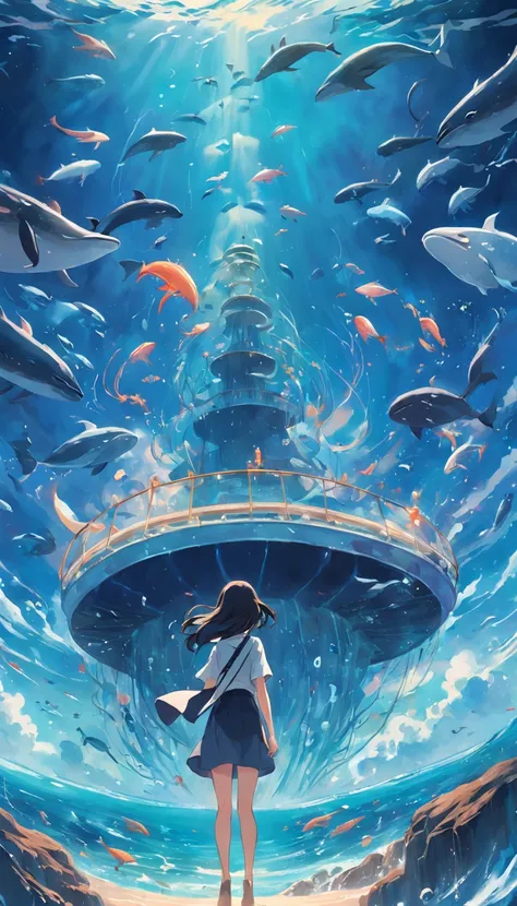 Pintura de um golfinho nadando no oceano colorido, Look up at the composition, Jellyfish and Whales of the Sky, inspirado em Cyril Rolando, a beautiful artwork illustration, autor：Shitao, arte conceitual colorida, Makoto Shinkai Cirilo Rolando, ao estilo d...