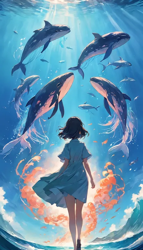 Pintura de um golfinho nadando no oceano colorido, Look up at the composition, Jellyfish and Whales of the Sky, inspirado em Cyril Rolando, a beautiful artwork illustration, autor：Shitao, arte conceitual colorida, Makoto Shinkai Cirilo Rolando, ao estilo d...