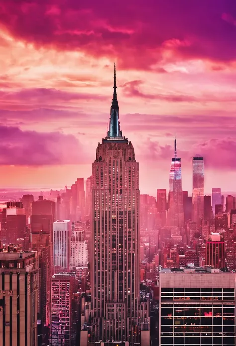 Sunset with pink and purple clouds in New York City,The Empire State Building is on the right