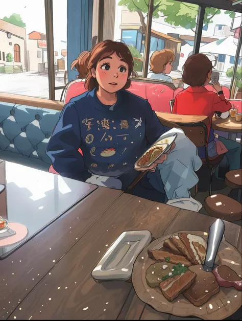 there is a young girl sitting at a table with a plate of food, 3 0 years old woman, 30 years old woman, sitting in a cafe, sitting in a cafe alone, bbwchan, 2 8 years old, sitting on a table, 2 7 years old, 2 9 years old, candid photo, sitting down casuall...