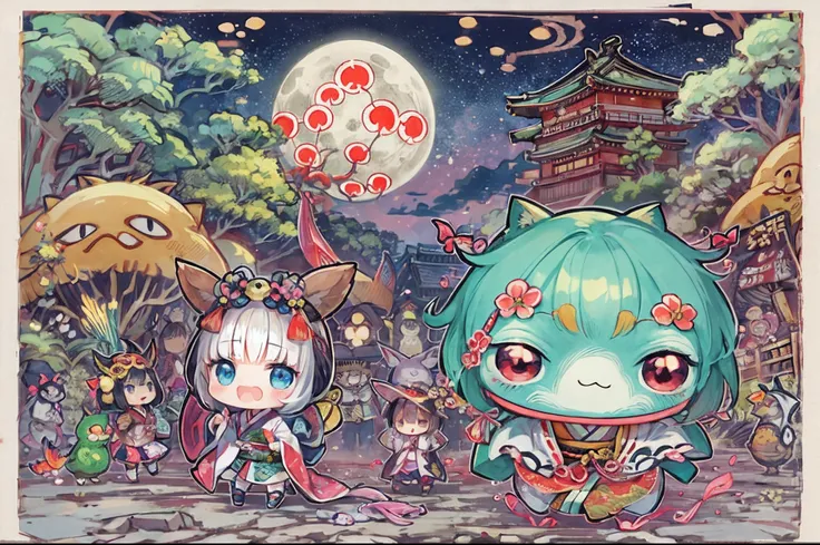 kawaii, chibi, Tiny, Do not go out at midnight. They march in the hazy moonlit night. Never meet them. Various Japanese monsters and sprits, Heian-kyo, Japanese folklore, processions, yokai(Japanese monsters and sprits), Unattended, no Human, Heian-emaki s...