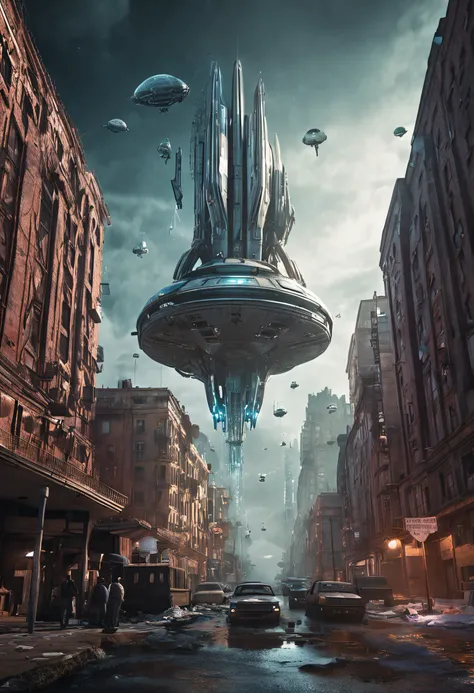 Alien warships float over dystopian former Soviet cities