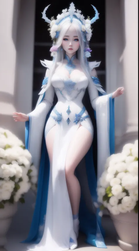 The beautiful body of the white goddess with humanoid blue eyes is very attractive at the age of flowers，white colors