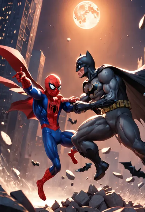 Spiderman fighting Batman on the moon, 3D illustration